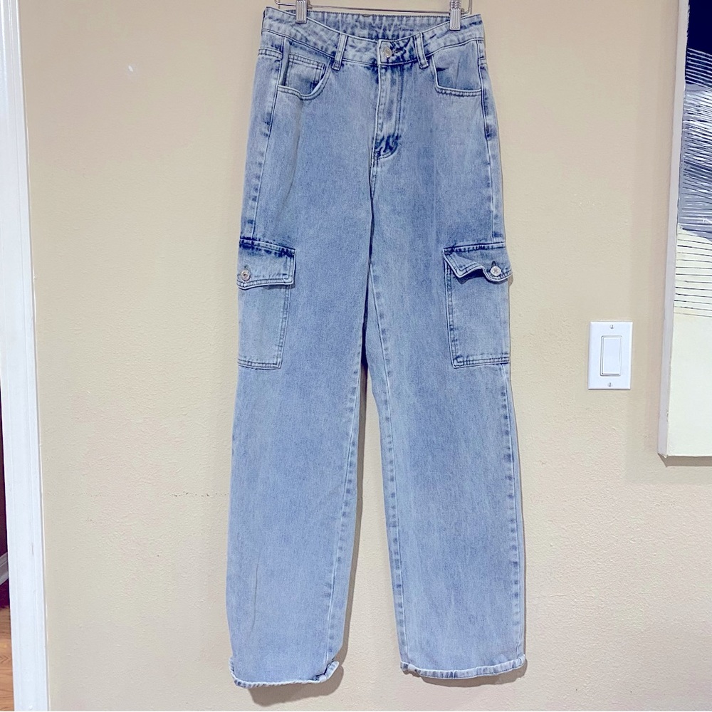 SHEIN Denim Straight Leg 2 Pocket Cargo Jeans